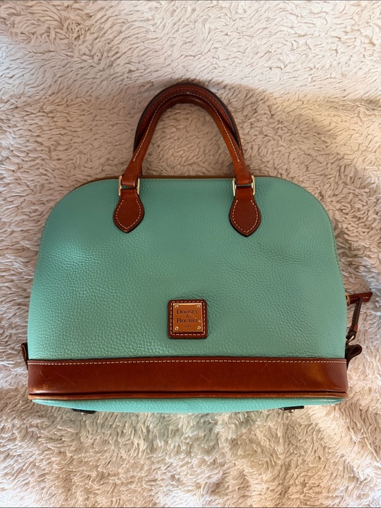 Dooney & Bourke Handbags - Dooney & Bourke Aqua Pebble Leather Satchel with Brown Trim and Handles